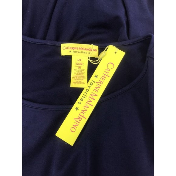 Catherine Maladrino Midi Sheath Dress L Cap Sleeve Embroidery Navy Blue Stretchy - Picture 7 of 9